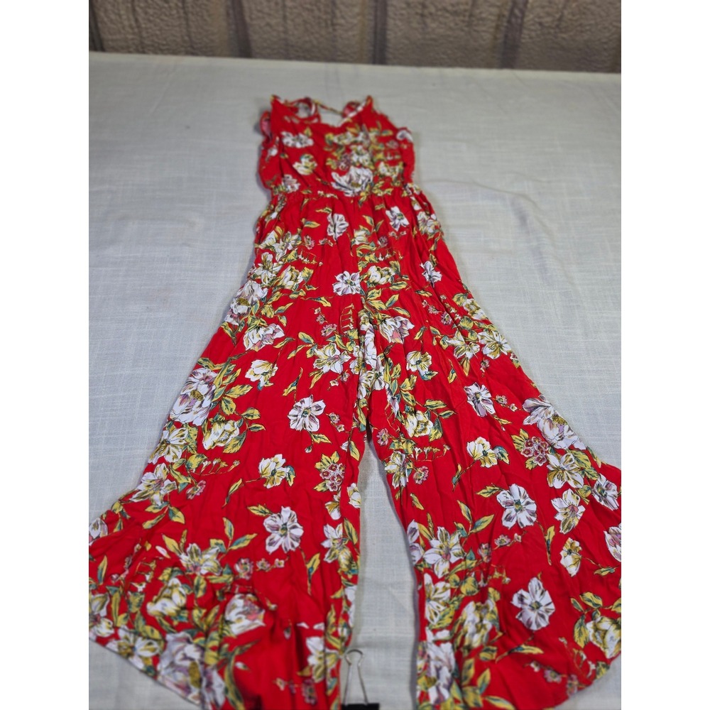 Living Doll Red Floral Wide Leg Jumpsuit Sleeveless Tie Shoulder Size M